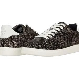 Tory Burch Howell Court calf hair leather sneakers, dark brown, cream, 8.5M